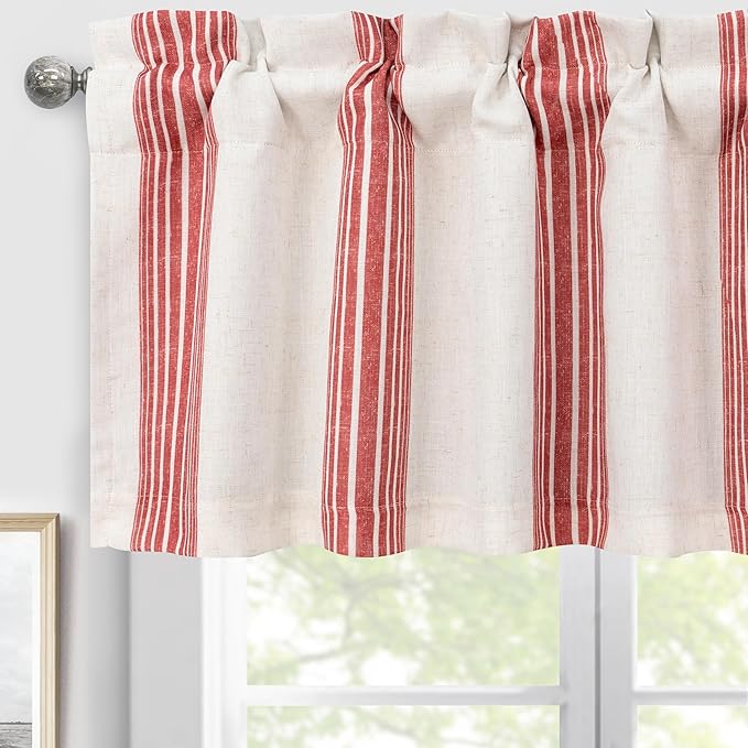 DriftAway Chris Linen Lined Valance Double Layer Thermal Insulated Room Darkening Blackout Valances 3 Inch Rod Pocket Vertical Striped Kitchen Valance for Bathroom 52 Inch by 18 Inch Red