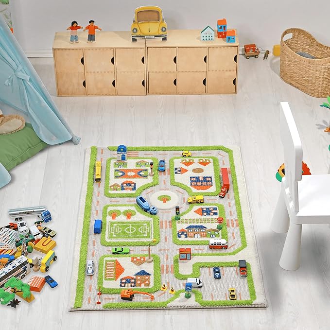 IVI Thick 3D Childrens Play Mat & Rug in A Colorful Town Design for Kids with Soccer Field, Car Park & Roads, Green, 32 x 45 inches