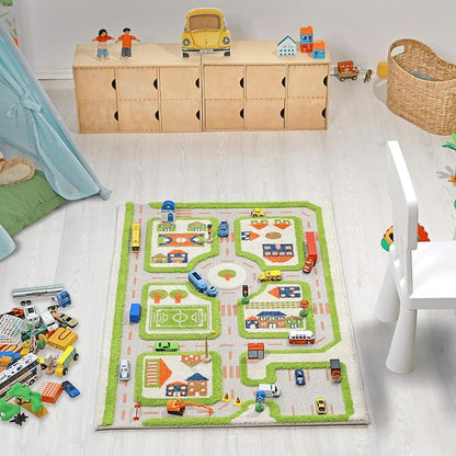 IVI Thick 3D Childrens Play Mat & Rug in A Colorful Town Design for Kids with Soccer Field, Car Park & Roads, Green, 32 x 45 inches