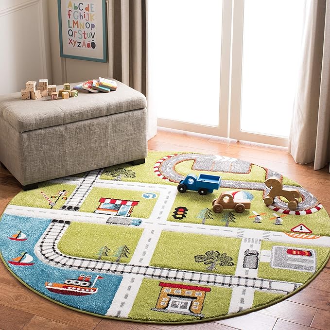 SAFAVIEH Carousel Kids Collection 5'3" Round Green / Ivory CRK192Y Neighborhood Nursery Playroom Area Rug