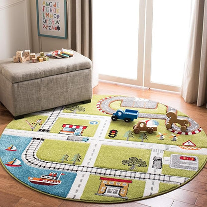SAFAVIEH Carousel Kids Collection 5'3" Round Green / Ivory CRK192Y Neighborhood Nursery Playroom Area Rug