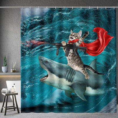 Aimego Extra Long Shower Curtain - Funny Cute Crazy Cat Riding Shark Ocean Fun Fabric Cloth Shower Curtain Set with 12 Hooks for Adults Bathroom Decor Accessories Bath Curtain, 72"x84", Blue Red