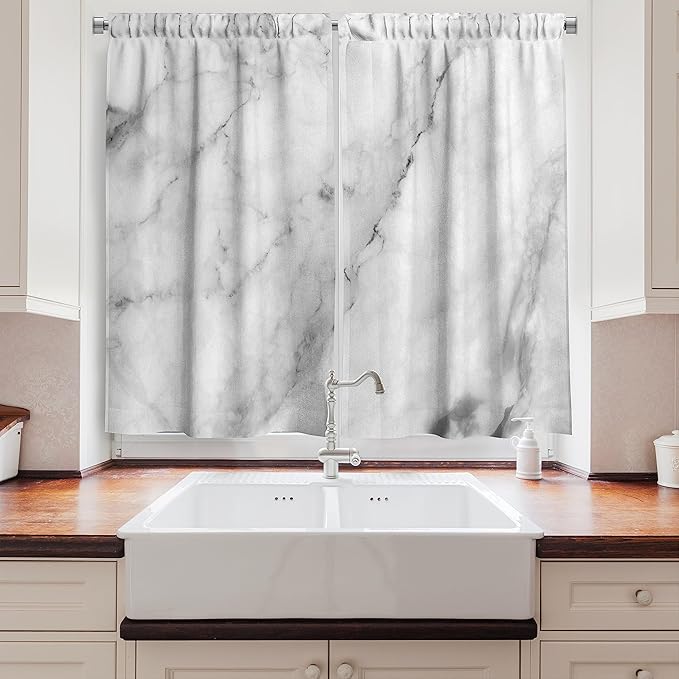 Ambesonne Marble Long Kitchen Curtains, Granite Surface Motif Sketch Nature Effect and Cracks Antique Style Image, Two Panels Drapes with Rod Pocket Room Decor, 55" x 45", Dust White