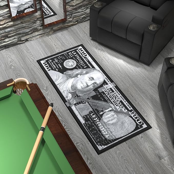 Machine Washable $100 Bill Design Non-Slip Rubberback 22x53 Modern Runner Rug for Hallway, Kitchen, Bedroom, 22" x 53", Black