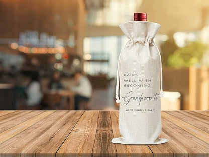 Grandparents Gifts Wine Bag - Gift For New Grandpa Grandma, Grandparents Aunt Uncle, Baby Announcement - Cotton Burlap Wine Bag (1 Pcs) - WB027