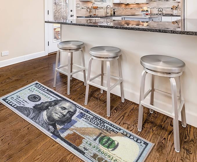 Machine Washable $100 Bill Design Non-Slip Rubberback 17x43 Modern Runner Rug for Hallway, Kitchen, Bedroom, 17" x 43", Multicolor