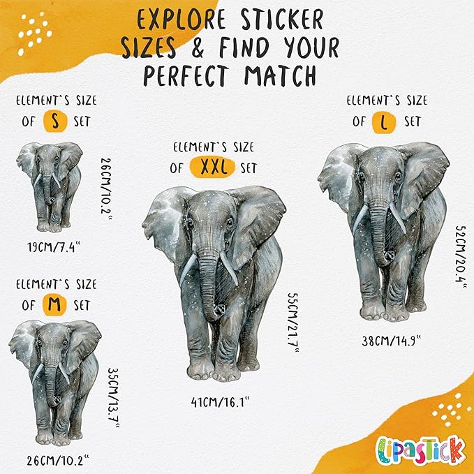 Large Safari Animal Wall Decals for Kids by Lipastick - 70 pcs Jungle Animal Wall Stickers - Creative Wall Decal for Children's Room Bedroom Nursery - Giraffe Elephant Hippo Palm Tree Parrot M Size