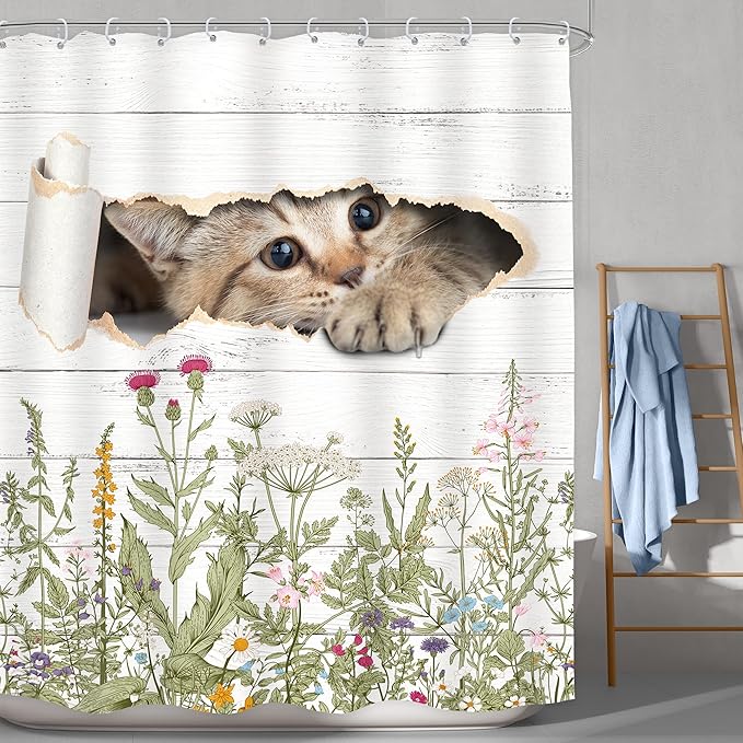 LGhtyro Wildflower Cats Shower Curtain Bathroom Set 60Wx71H Inches Kids Funny Floral Rustic Plant Leaves Botanical Country Bath Accessories Animal Cute Flower Art Home Decor Fabric 12 Pack Hooks