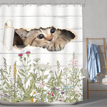 LGhtyro Wildflower Cats Shower Curtain Bathroom Set 60Wx71H Inches Kids Funny Floral Rustic Plant Leaves Botanical Country Bath Accessories Animal Cute Flower Art Home Decor Fabric 12 Pack Hooks