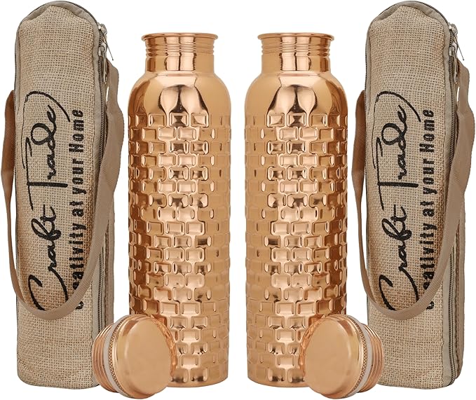 Copper Water Bottle Ayurveda Pure Copper Water Bottle for Drinking 32 ozSet Of 2 Antique Black Leak Proof Joint Less Pure Bottle with Lid-Pure Water Bottle 1000 ML For Gym, Office, Hiking,Travel