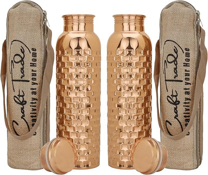 Copper Water Bottle Ayurveda Pure Copper Water Bottle for Drinking 32 ozSet Of 2 Antique Black Leak Proof Joint Less Pure Bottle with Lid-Pure Water Bottle 1000 ML For Gym, Office, Hiking,Travel