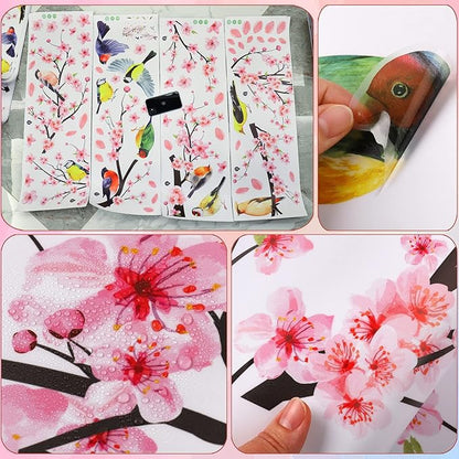 Amaonm 4 Sheets of 12"x36" Removable Pink Red Cherry Blossom Flowers Wall Stickers DIY Flying Birds and Tree Brances Wall Decals 3D Peel and Stick Floral art Decor for Kids Girls Bedroom Living Room Nursery Decoration (51"x75")