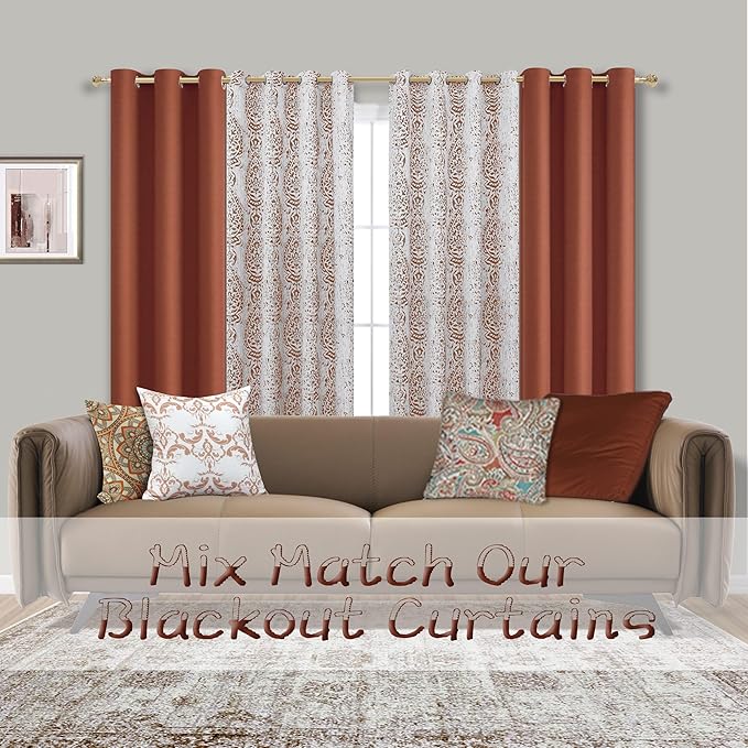 Mrs.Naturall Short Curtains for Bedroom Windows,Boho Blackout Cafe Kitchen Curtains 45 Inch Length,Burnt Orange