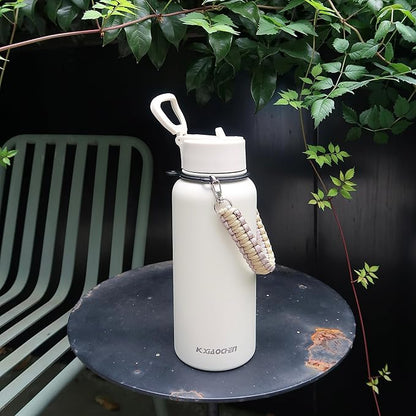 32 oz Insulated Water Bottle with Paracord Handles & Strap, 2 Lids(Straw Lid&Spout Lid), Stainless Steel Reusable Wide Mouth Metal Water Bottle With Straw, Double Walled, Thermo Mug（Cream)