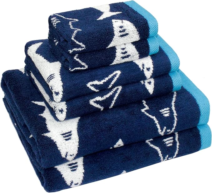 6 Piece Towel Set - Bath Time Shark Attack- 2 Bath Towels, 2 Hand Towels, 2 Washcloths in Bonus Tote Bag- 100% Cotton Jacquard Soft Absorbent Quick Dry Pool Beach Towel Gift - Navy Blue