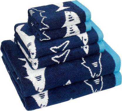 6 Piece Towel Set - Bath Time Shark Attack- 2 Bath Towels, 2 Hand Towels, 2 Washcloths in Bonus Tote Bag- 100% Cotton Jacquard Soft Absorbent Quick Dry Pool Beach Towel Gift - Navy Blue