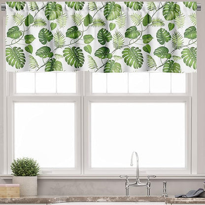 Ambesonne Leaf Valance & Tier Curtain 3 pcs Set, Brazilian Rainforest Foliage Nature Ivy Swirls Palm Banana Trees Leaves Art Print, Window Treatments for Kitchen Room Decor, 55" x 45", Fern Green