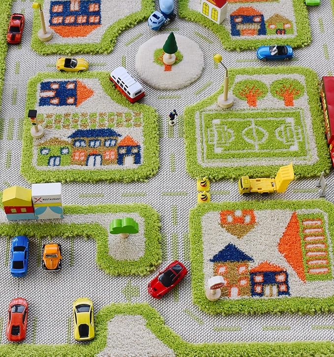 IVI Thick 3D Childrens Play Mat & Rug in A Colorful Town Design for Kids with Soccer Field, Car Park & Roads, Green, 32 x 45 inches