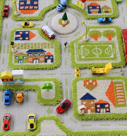IVI Thick 3D Childrens Play Mat & Rug in A Colorful Town Design for Kids with Soccer Field, Car Park & Roads, Green, 32 x 45 inches