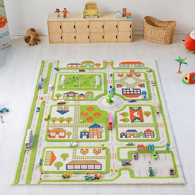 IVI 3D Play Carpet 71 x 52.5-inch Educational Green Traffic Soft Floor Rug Mat for Bedroom, Kids Den, or Playroom, Large
