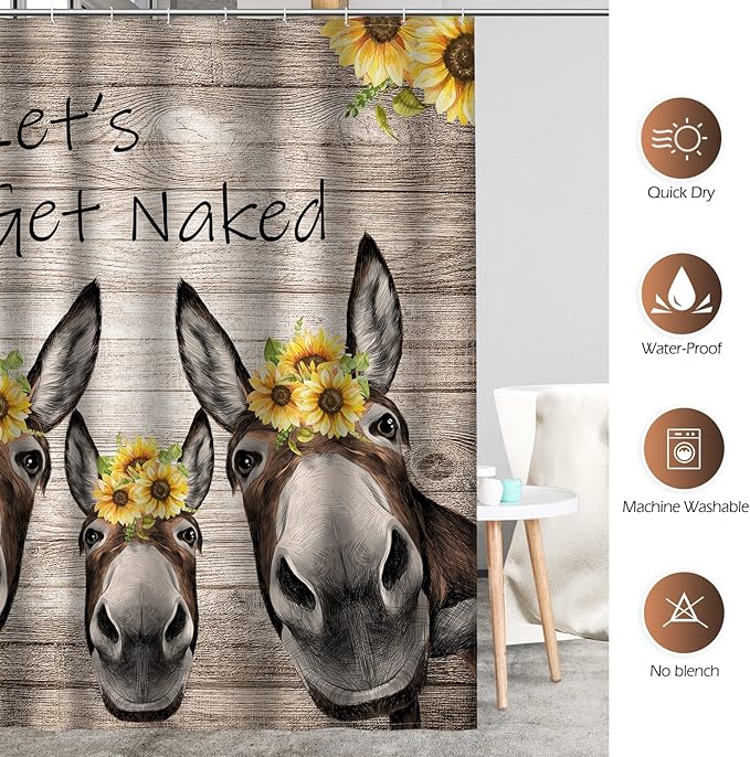 Aimego Donkey Sunflower Shower Curtain Farm Animal with Sunflower Wooden Rustic Country Farmhouse Shower Curtain Set with 12 Hooks for Bathroom Decor Accessories Bathtub Curtain, 72"x72"