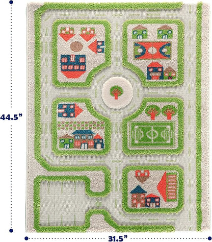 IVI Thick 3D Childrens Play Mat & Rug in A Colorful Town Design for Kids with Soccer Field, Car Park & Roads, Green, 32 x 45 inches