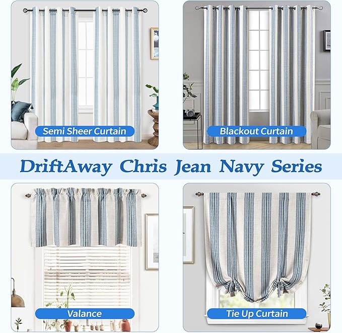 DriftAway Chris Linen Lined Valance Double Layer Thermal Insulated Room Darkening Blackout Valances 3 Inch Rod Pocket Vertical Striped Kitchen Valance for Bathroom 52 Inch by 14 Inch Jean Navy