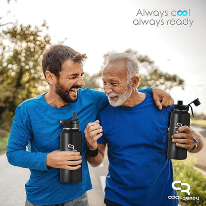 40oz Stainless Metal Black Water Bottle with Straw - Handle Lid, Thermos Coffee Travel Lid and Chug Lid - Double Walled Steel Sports Bottle - Work Out Bottle – Leak Proof -