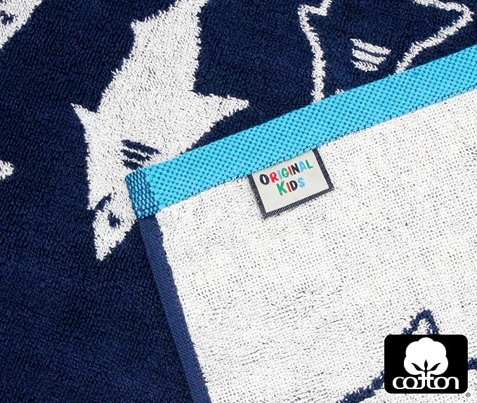 6 Piece Towel Set - Bath Time Shark Attack- 2 Bath Towels, 2 Hand Towels, 2 Washcloths in Bonus Tote Bag- 100% Cotton Jacquard Soft Absorbent Quick Dry Pool Beach Towel Gift - Navy Blue