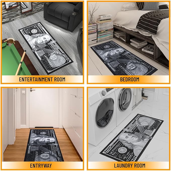 Machine Washable $100 Bill Design Non-Slip Rubberback 22x53 Modern Runner Rug for Hallway, Kitchen, Bedroom, 22" x 53", Black