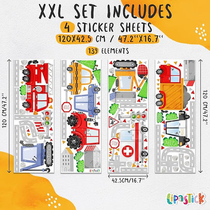 Large Car Wall Decals for Kids by Lipastick - 139 pcs Transports Wall Stickers Peel and Stick Truck Stickers - Wall Decals for Boys Kids Baby Room - Construction Cars City Wall Decor XXL Size