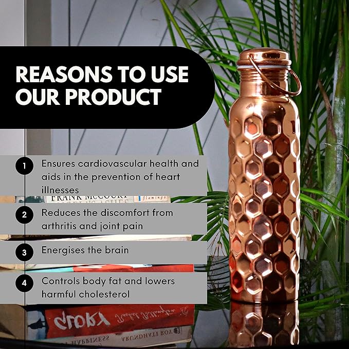 Craft Trade Copper Water Bottle for Drinking 32oz Antique Diamond Pure AyurvedaCopper Water Bottle with Handle Travel Bottle for Gym, Office, Hiking, Outdoor Ayurvedic Hammered Water Vessel-1000 ML