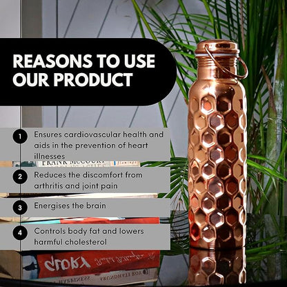 Craft Trade Copper Water Bottle for Drinking 32oz Antique Diamond Pure AyurvedaCopper Water Bottle with Handle Travel Bottle for Gym, Office, Hiking, Outdoor Ayurvedic Hammered Water Vessel-1000 ML