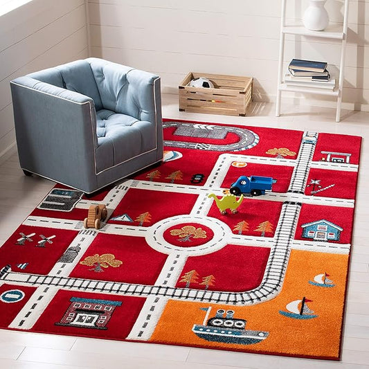 SAFAVIEH Carousel Kids Collection Area Rug - 6'7" x 9', Red & Ivory, Neighborhood Design, Non-Shedding & Easy Care, Ideal for High Traffic Areas for Boys & Girls in Playroom, Bedroom (CRK192Q)