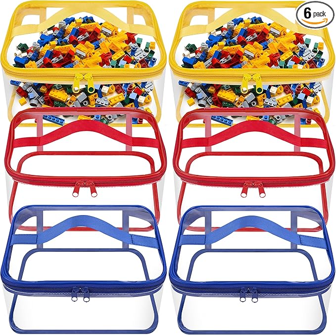 6 Packs Clear Toy Storage Bags- 9.4 x 6.7 x 4.3 Inch Transparent PVC Toy Organizing Bags with Zipper- Waterproof Toy Storage Organizer Pouch for Building Blocks, Small Toys (Red, Blue, Yellow)