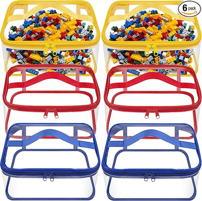 6 Packs Clear Toy Storage Bags- 9.4 x 6.7 x 4.3 Inch Transparent PVC Toy Organizing Bags with Zipper- Waterproof Toy Storage Organizer Pouch for Building Blocks, Small Toys (Red, Blue, Yellow)