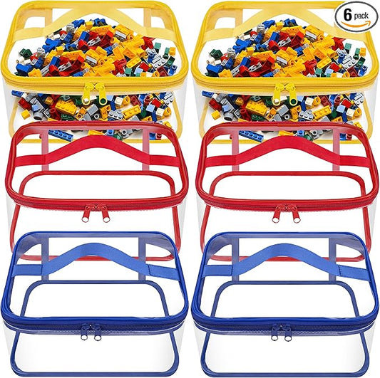 6 Packs Clear Toy Storage Bags- 9.4 x 6.7 x 4.3 Inch Transparent PVC Toy Organizing Bags with Zipper- Waterproof Toy Storage Organizer Pouch for Building Blocks, Small Toys (Red, Blue, Yellow)