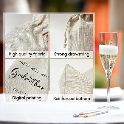 Godmother Wine Gift Bags - Gift for Godmother, Aunt, Godparent, Baptism - Reusable Burlap With Drawstring Gift Bag (5.5"x 13.5")-1 Pcs/jiu068