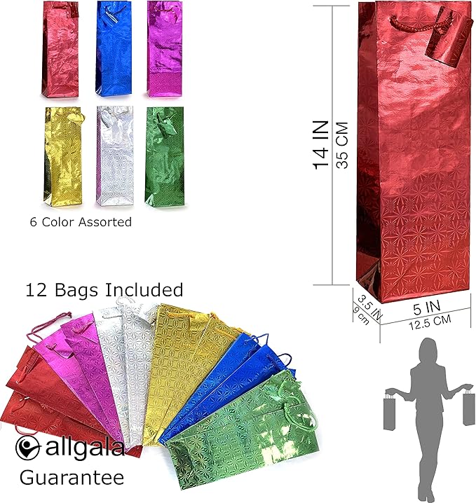 allgala Wine Gift Bags 12-PC 14"x5" Premium Wine Bottle Hologram Gift Bags 6 Color Assorted
