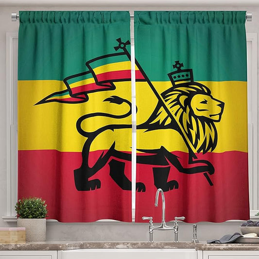 Ambesonne Rasta Long Kitchen Curtains, Lion a Rastafari Flag Jungle Reggae Theme Art Colorful Cultural Folkloric Print, Two Panels Drapes with Rod Pocket Room Decor, 55" x 45", Yellow Red