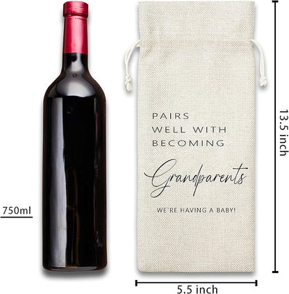 Grandparents Gifts Wine Bag - Gift For New Grandpa Grandma, Grandparents Aunt Uncle, Baby Announcement - Cotton Burlap Wine Bag (1 Pcs) - WB027