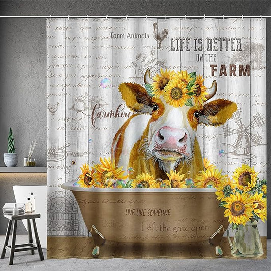 Aimego Long Farmhouse Shower Curtain - Country Funny Cute Cow Sunflower Wooden Rustic Fabric Cloth Bath Shower Curtain Set with 12 Hooks for Bathroom Decor Accessories Bathtub Curtain, 72"x78"
