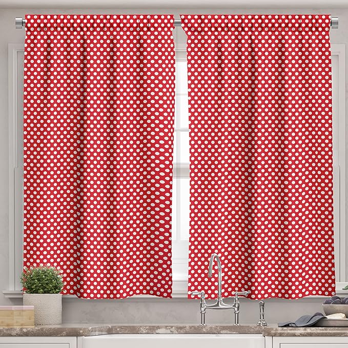 Ambesonne Retro Valance & Tier Curtain 3 pcs Set, 50s 60s Iconic Pop Art Style Big White Polka Dots Picnic Vintage Old Theme Image, Window Treatments for Kitchen Room Decor, 55" x 24", Vermilion White