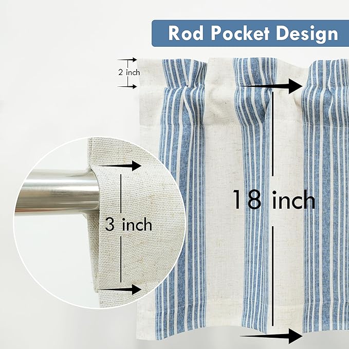 DriftAway Chris Linen Lined Valance Double Layer Thermal Insulated Room Darkening Blackout Valances 3 Inch Rod Pocket Vertical Striped Kitchen Valance for Bathroom 52 Inch by 18 Inch Jean Navy