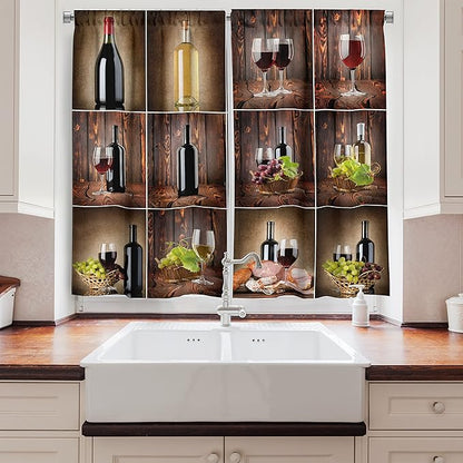 Ambesonne Wine Long Kitchen Curtains, Wine Themed Collage on Wooden Backdrop with Grapes and Meat Rustic Country Drink, Two Panels Drapes with Rod Pocket Room Decor, 55" x 45", Brown Black