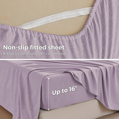 Full Sheets Purple, Ultral Soft Cationic Linen Look Sheets, Luxury Cooling Cozy Bed Sheet Set with Non-Slip Fitted Sheet