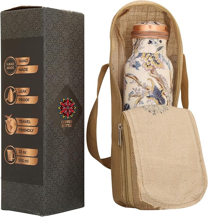 Copper Water Bottle 34 oz Pure Hammered Ayurvedic Pure Copper Vessel For Drinking Leak Proof Bottle With Carry Bag for Sport Fitness Yoga Sports Copper Bottles 1000 ML