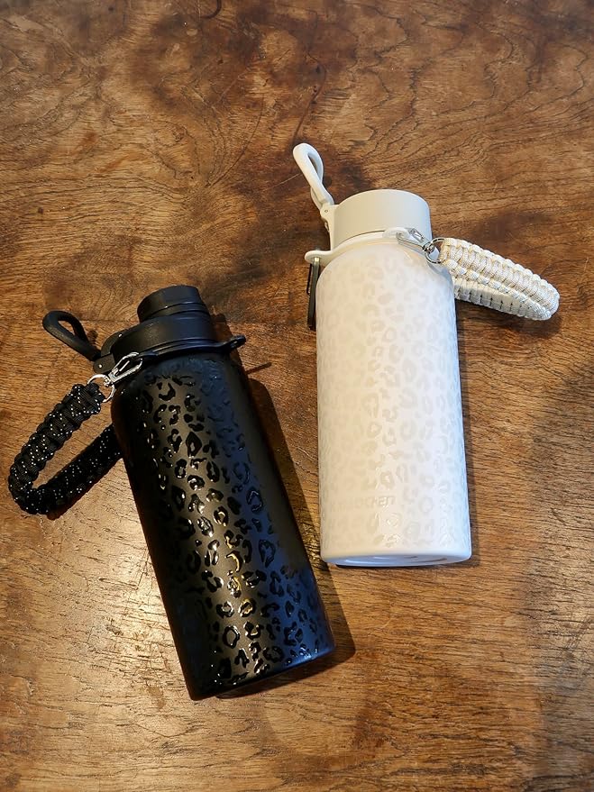 32oz Insulated Water Bottle with Paracord Handles & Strap, 2 Lids(Straw Lid&Spout Lid), Stainless Steel Reusable Wide Mouth Metal Water Bottle With Straw, Double Walled, Thermo Mug（Black Leoqard)