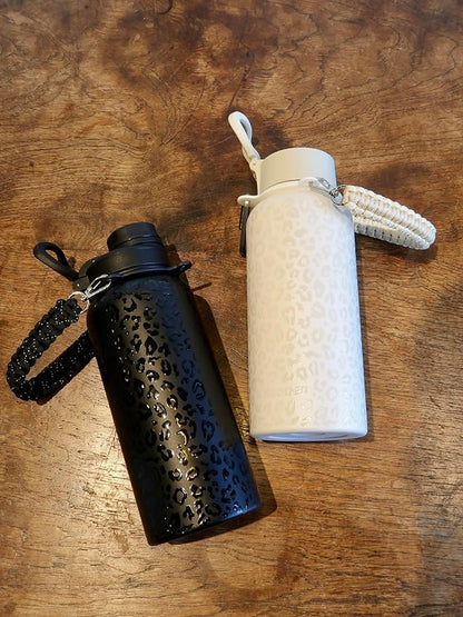 32oz Insulated Water Bottle with Paracord Handles & Strap, 2 Lids(Straw Lid&Spout Lid), Stainless Steel Reusable Wide Mouth Metal Water Bottle With Straw, Double Walled, Thermo Mug（Black Leoqard)