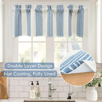 DriftAway Chris Linen Lined Valance Double Layer Thermal Insulated Room Darkening Blackout Valances 3 Inch Rod Pocket Vertical Striped Kitchen Valance for Bathroom 52 Inch by 14 Inch Jean Navy